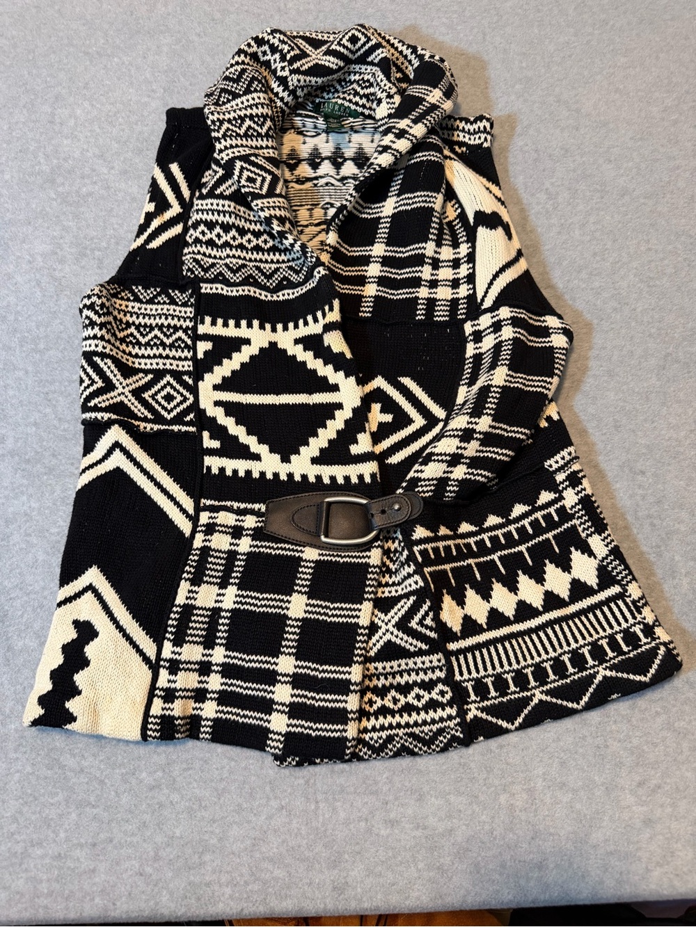 Lauren by Ralph Lauren Green Label Black White Knit Sweater Vest Southwest L